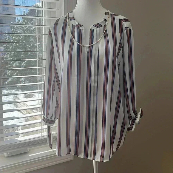 [XLP]41 Hawthorn Orange Blue Strapes White V Neck  Blouse - Picture 1 of 12